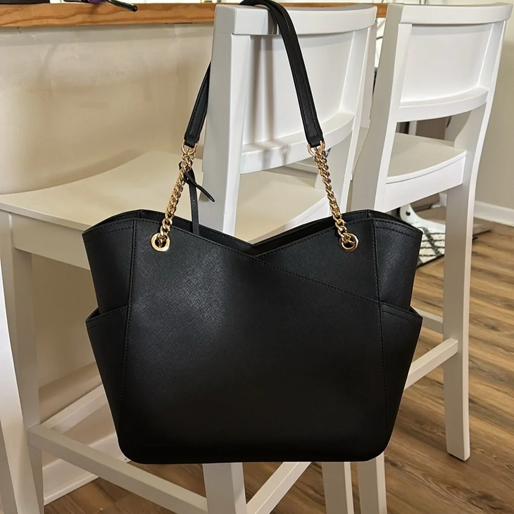 Michael Kors Black and Gold Tote with Chain Accents - Picture 3 of 11